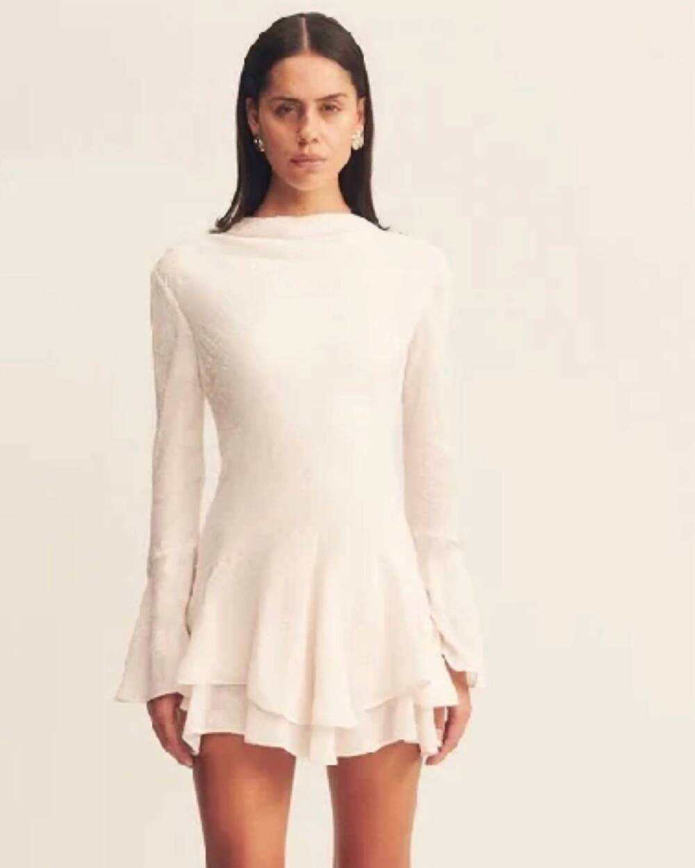 NEW SHONA JOY bowery long sleeve ruffle mini dress in milk
